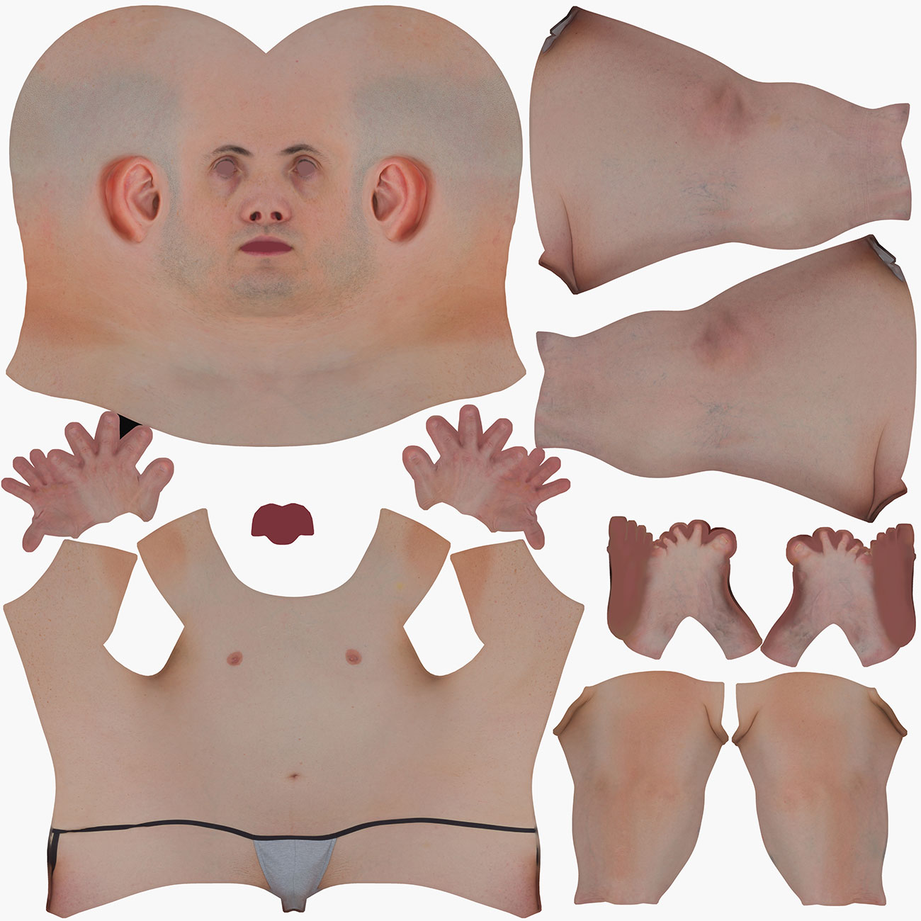 UV unwrap map for a male 3D body scan showing full texture layout with low distortion